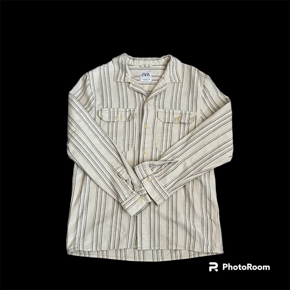Zara Womens Size L Cream Colored Long Sleeve Flannel w/ Gray Pinstripes